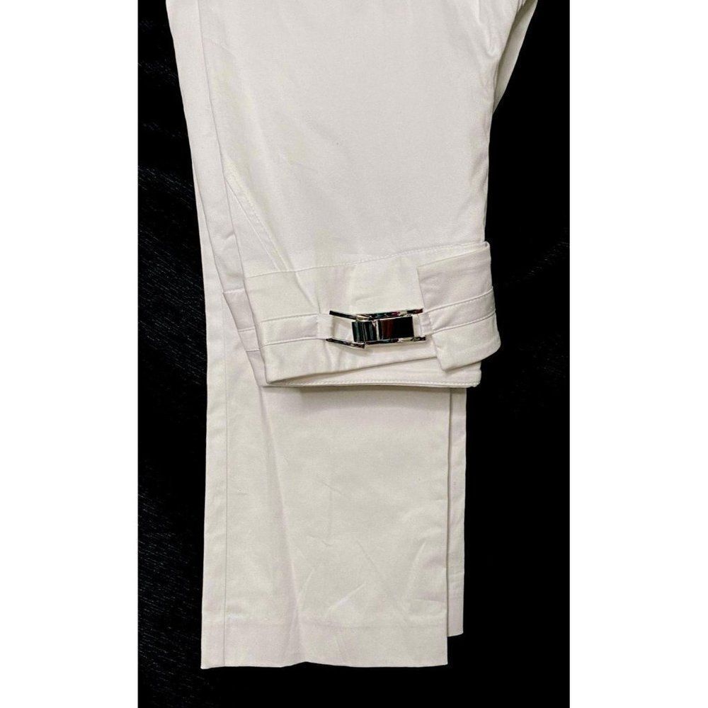 Cache White Polished Cotton Ankle Length Pants Sz 6 Novelty Silvertone Buckle NE